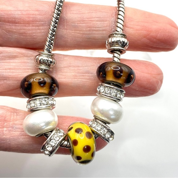 European Style Beads Brown Silver Rhinestone Bracelet - Picture 1 of 8